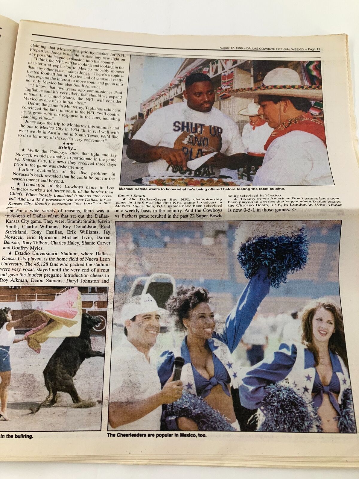 Dallas Cowboys Weekly Newspaper August 17 1996 Vol 22 #10 capturing a vibrant scene with Cowboys cheerleaders and various cultural elements from Mexico during the event.