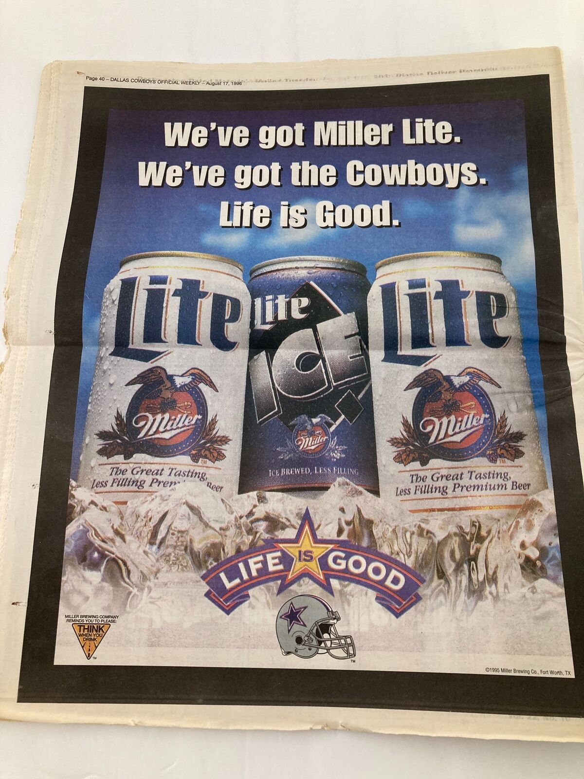 Dallas Cowboys Weekly Newspaper August 17 1996 Vol 22 #10 featuring an advertisement for Miller Lite, emphasizing the brand's association with the Dallas Cowboys and a positive lifestyle.
