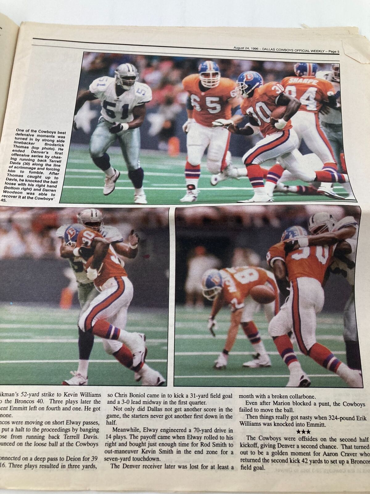 Dallas Cowboys Weekly Newspaper August 24 1996 Vol 22 #11 Leon Lett depicting a collage of game highlights, including a play by Kevin Williams and a field goal attempt made by the Cowboys.