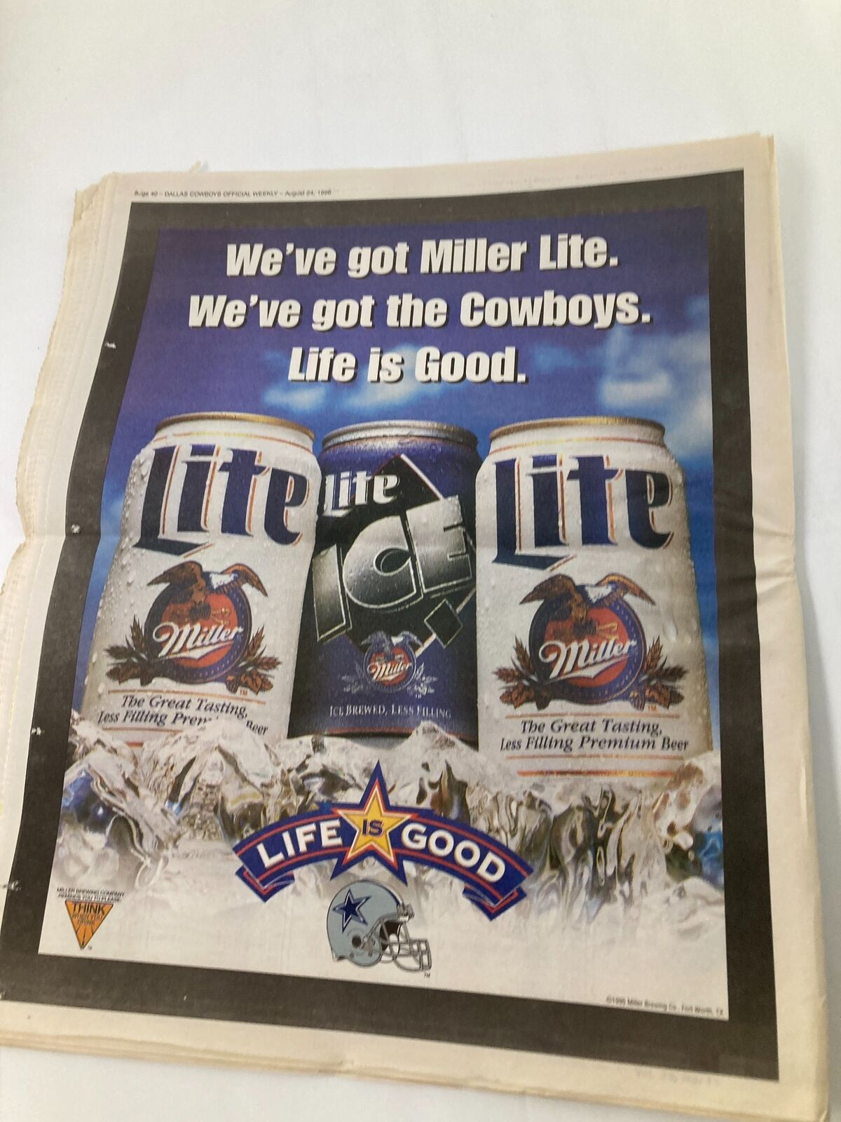 Dallas Cowboys Weekly Newspaper August 24 1996 Vol 22 #11 Leon Lett featuring a vintage advertisement for Miller Lite beer, emphasizing the Cowboys and their fan culture.