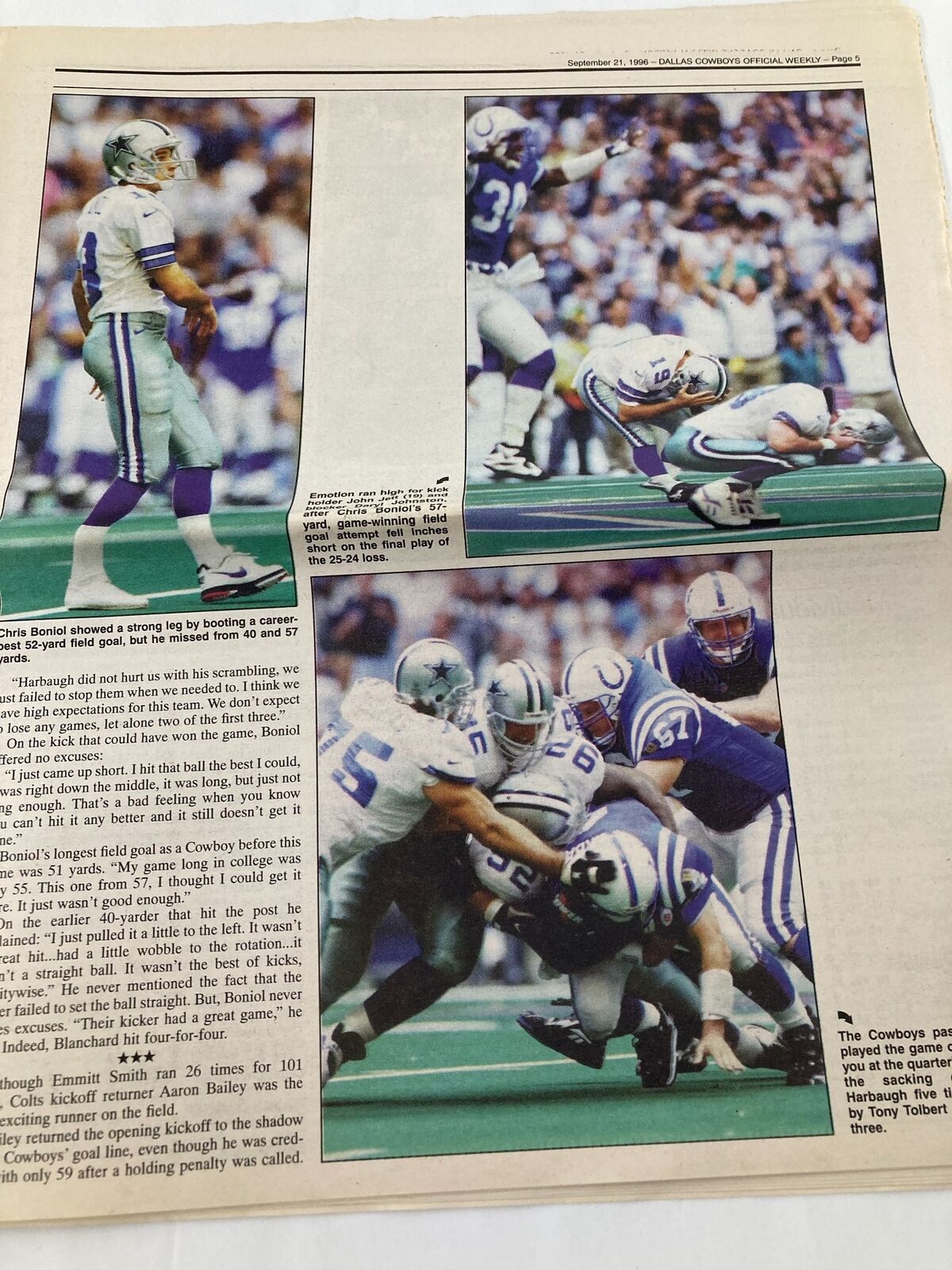 Inside page from the Dallas Cowboys Weekly Newspaper - September 21, 1996, featuring Chris Boniol kicking and an analysis of game plays.