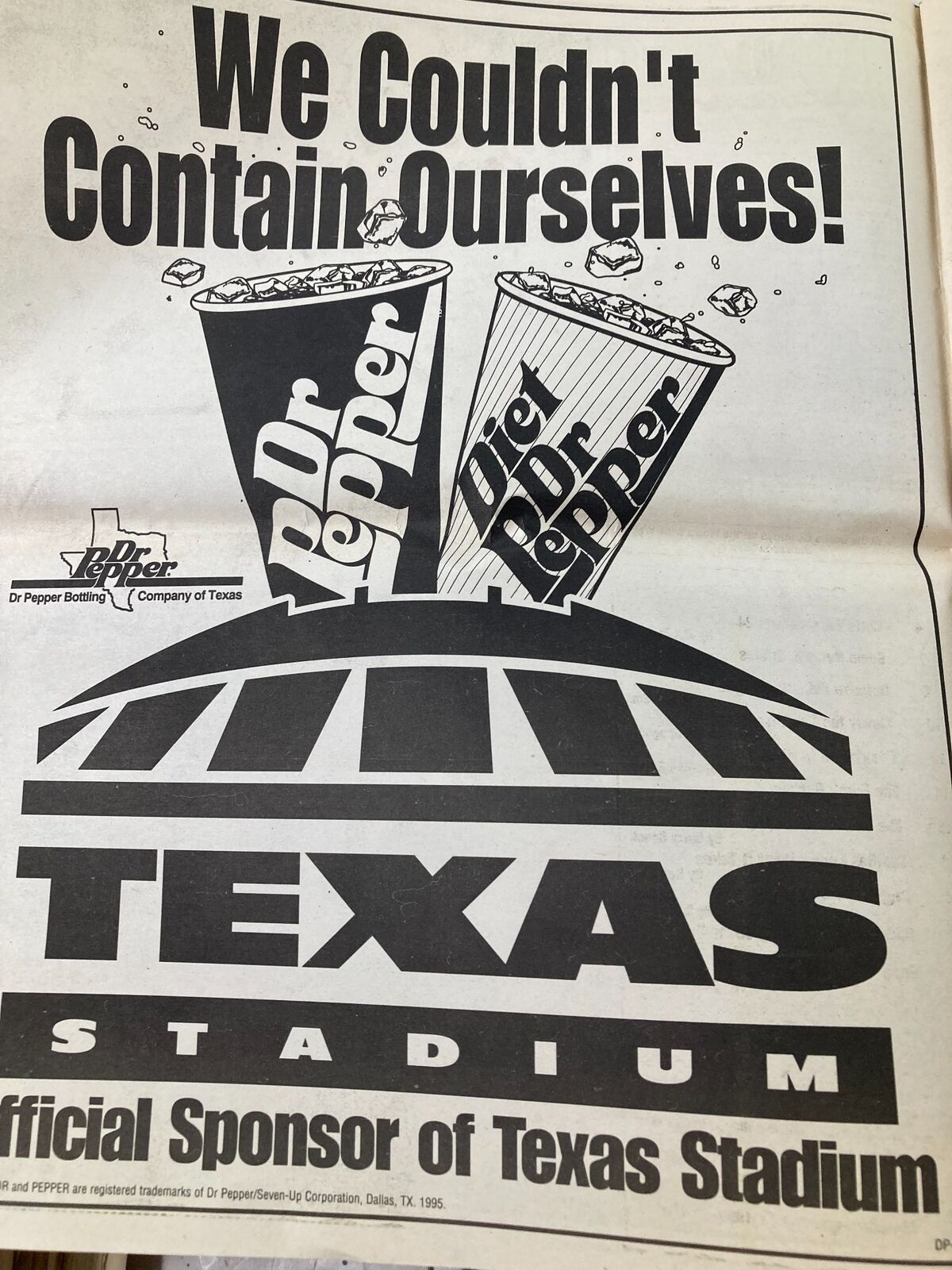 Advertisement page from the Dallas Cowboys Weekly Newspaper - September 21, 1996, promoting Dr Pepper and Texas Stadium.