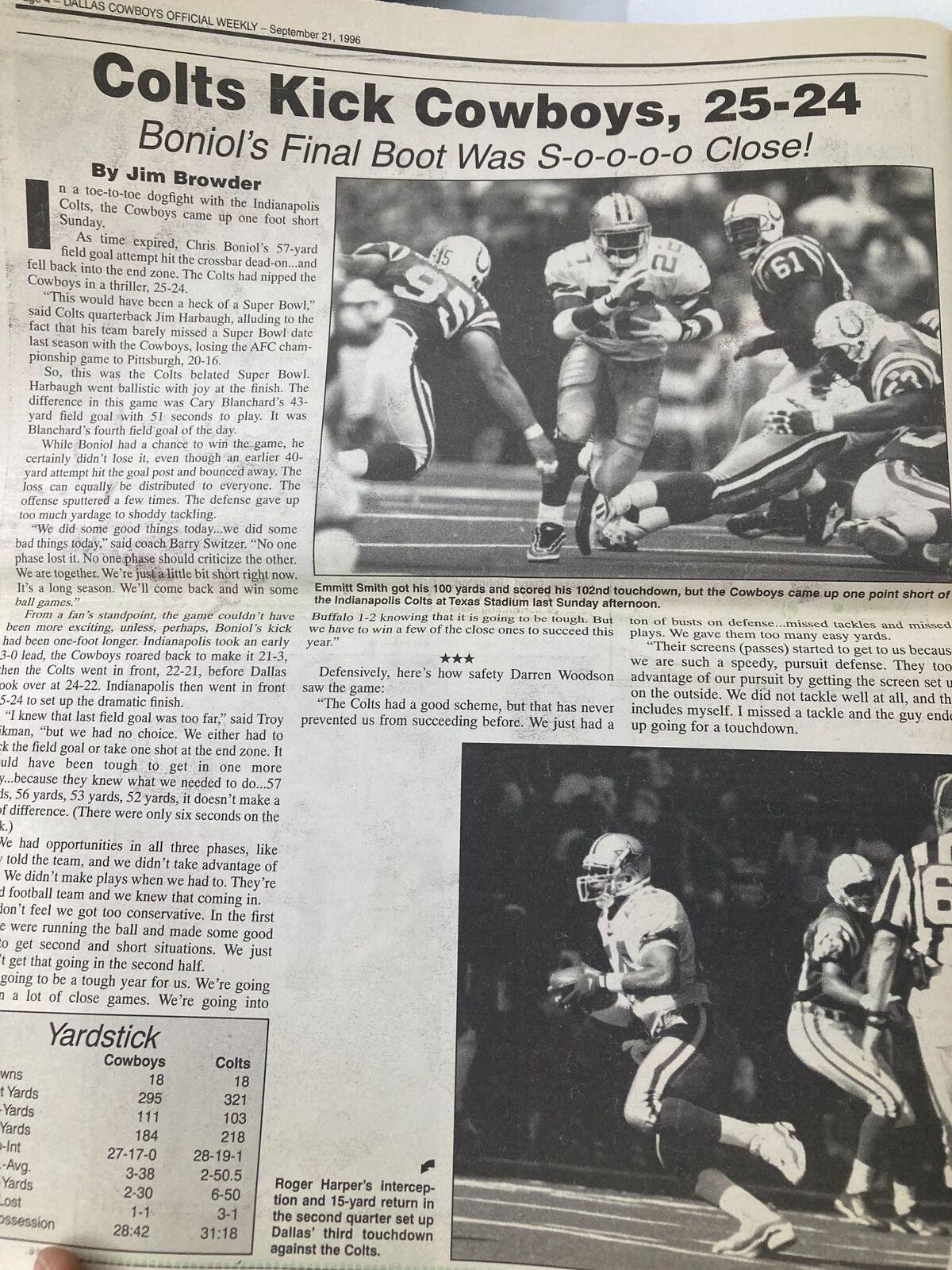 Article page from the Dallas Cowboys Weekly Newspaper - September 21, 1996, discussing the Colts' victory over the Cowboys with game details.