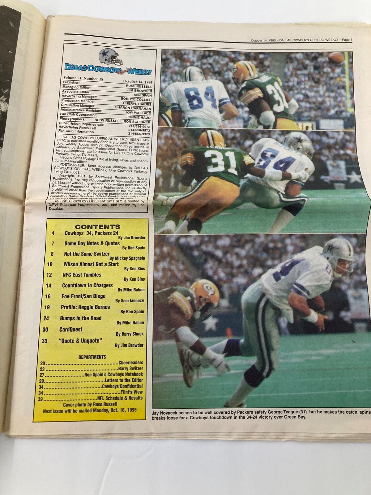 Interior page of Dallas Cowboys Weekly Newspaper October 14 1995 Vol 21 #18, displaying the table of contents and game summaries.