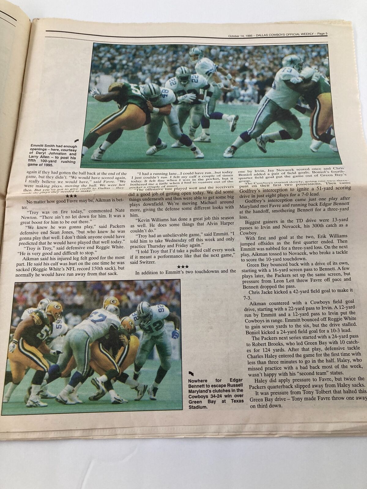 Another interior page from Dallas Cowboys Weekly Newspaper October 14 1995 Vol 21 #18, highlighting game action and player descriptions.