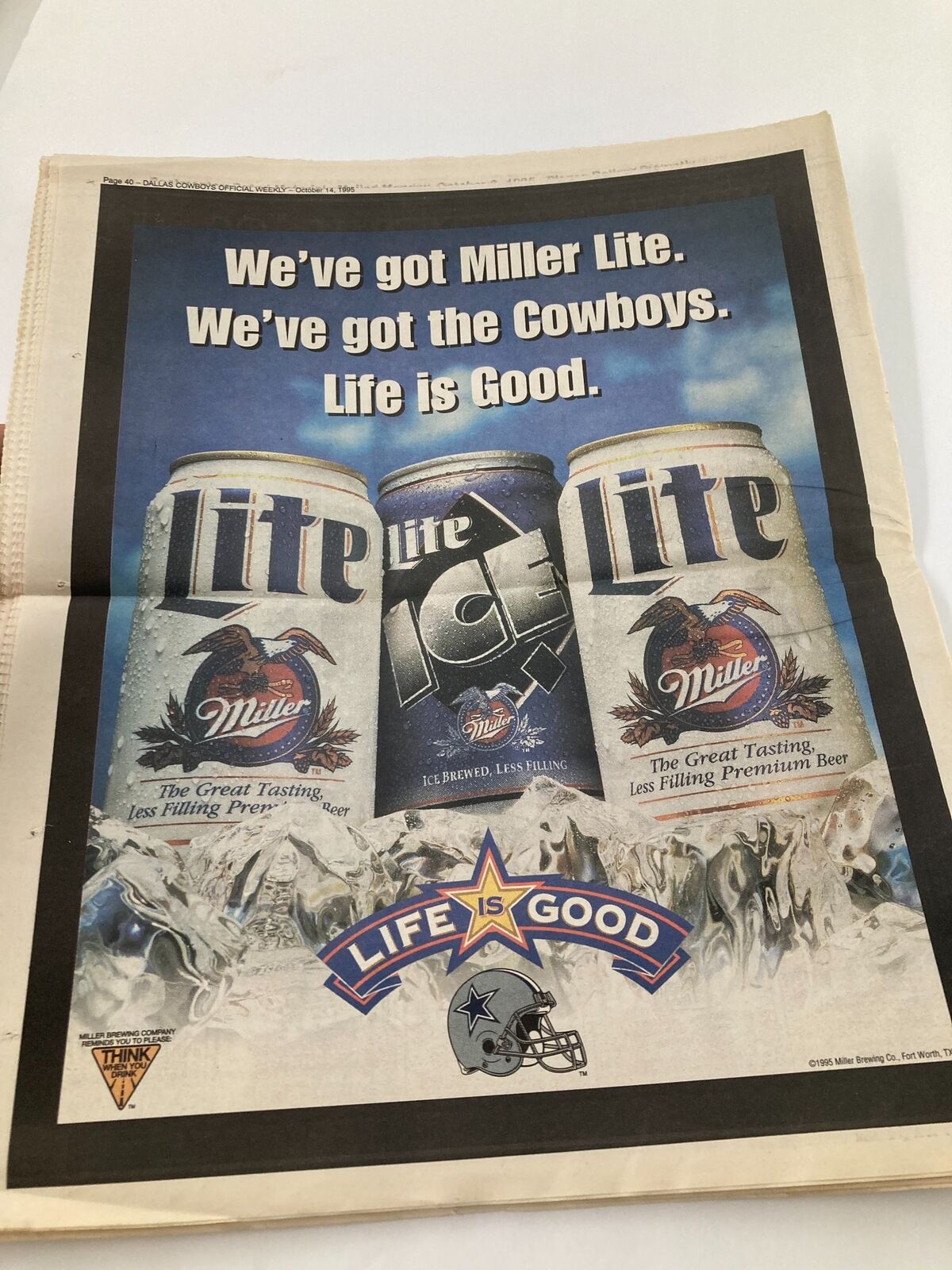 Advertisement page from Dallas Cowboys Weekly Newspaper October 14 1995 Vol 21 #18 promoting Miller Lite beer with a Cowboys theme.