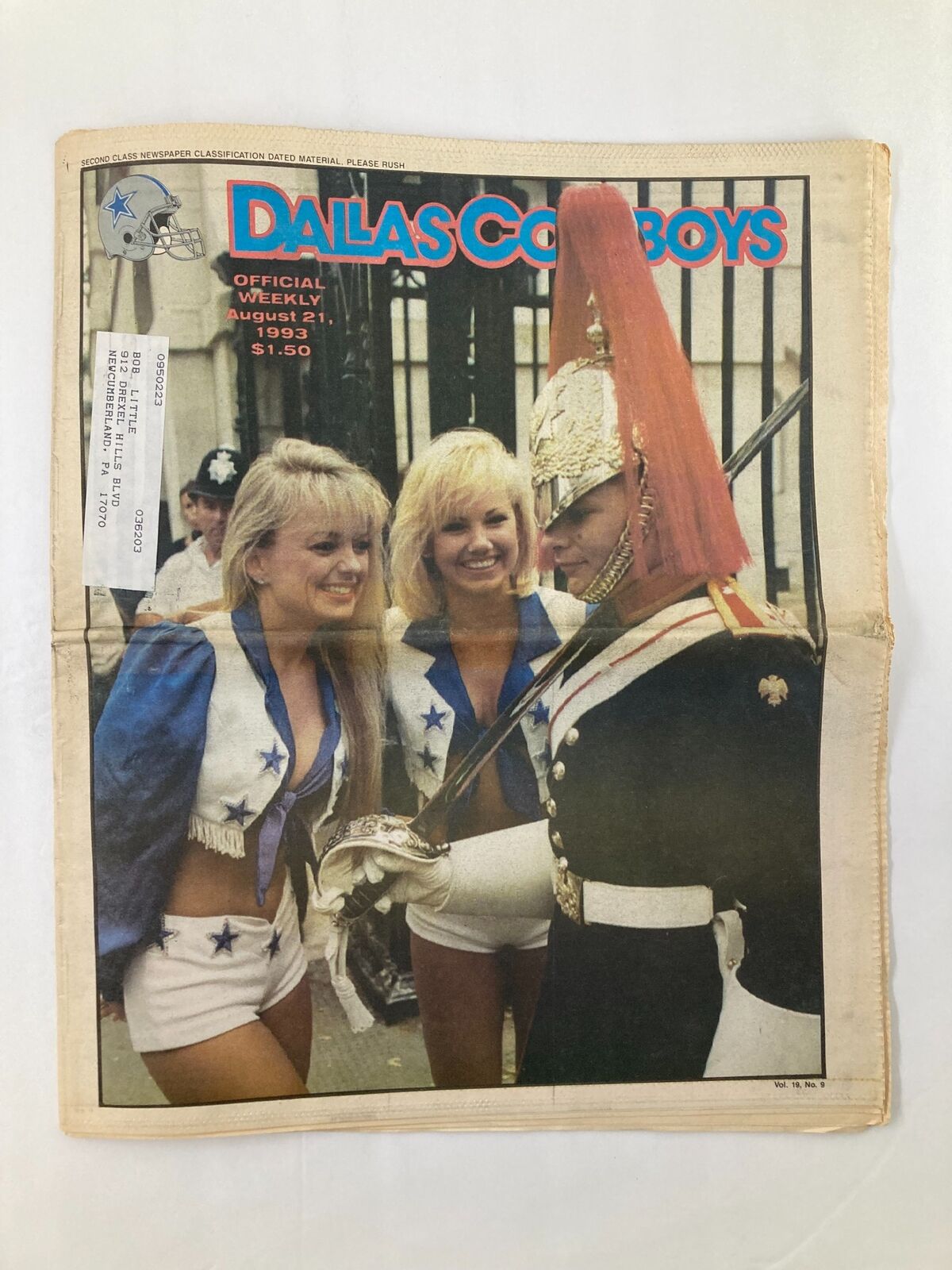 Dallas Cowboys Weekly Newspaper August 21 1993 Vol 19 #9 featuring cheerleaders and a soldier. Good condition with minor wear and a protective covering.