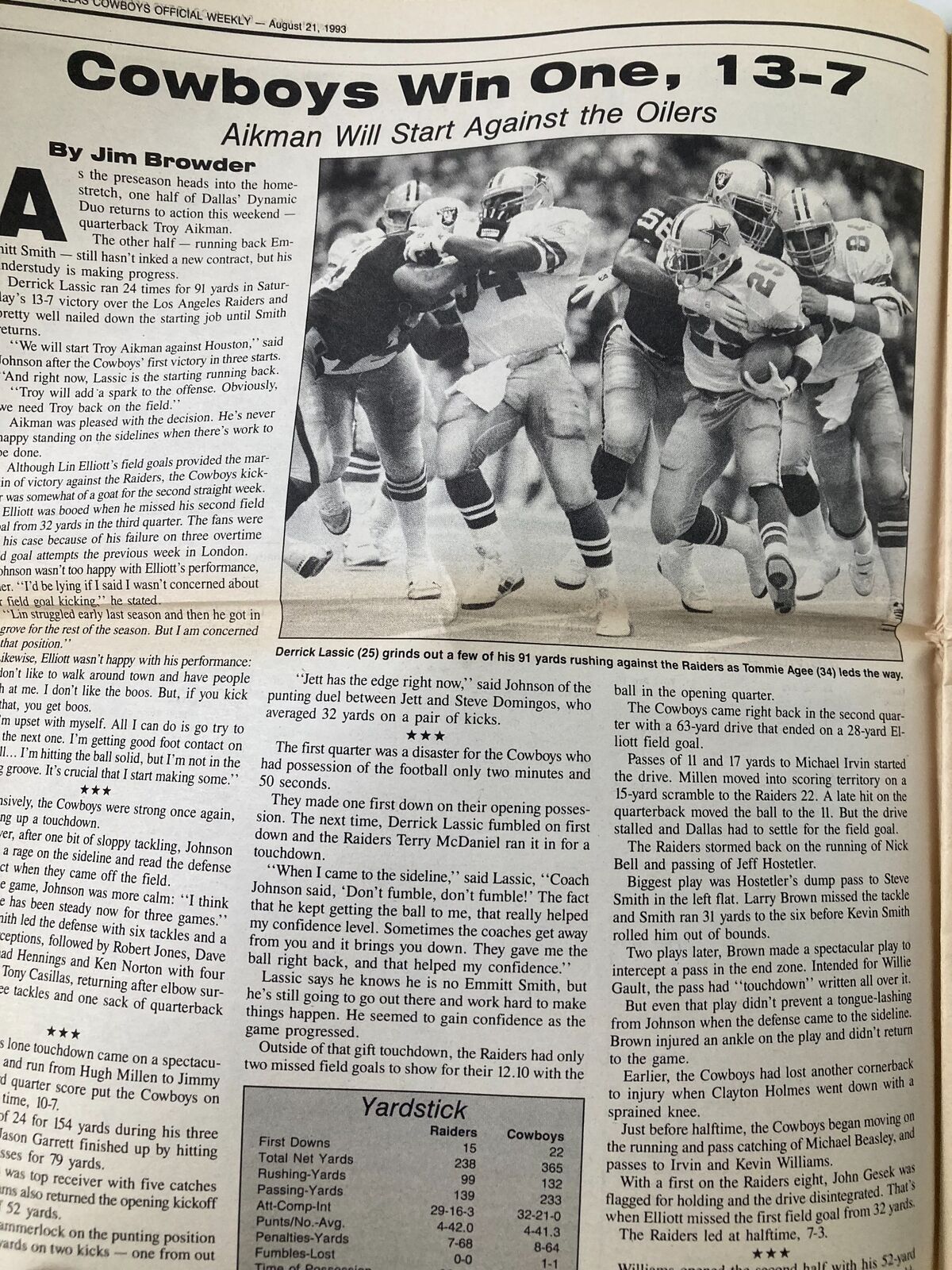 Dallas Cowboys Weekly Newspaper August 21 1993 Vol 19 #9 Melvin Evans article titled 'Cowboys Win One, 13-7', detailing a game summary and player performances.