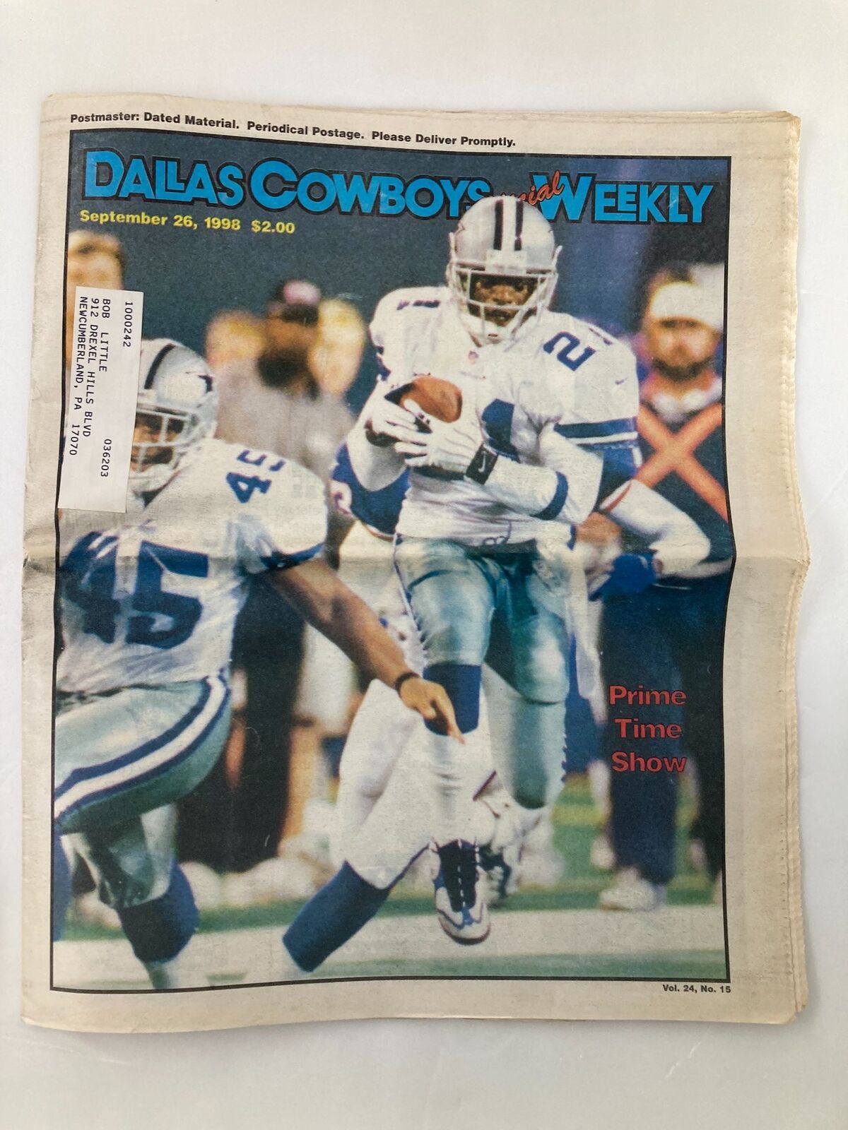 Dallas Cowboys Weekly Newspaper September 26 1998 Vol 24 #15 featuring Troy Aikman on the cover, showcasing Cowboys players in action.