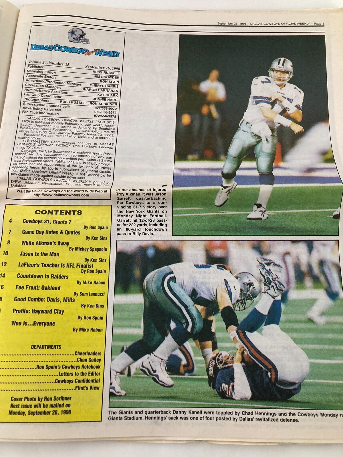 Another inside page of the Dallas Cowboys Weekly Newspaper September 26 1998 Vol 24 #15, featuring action shots and content summary.