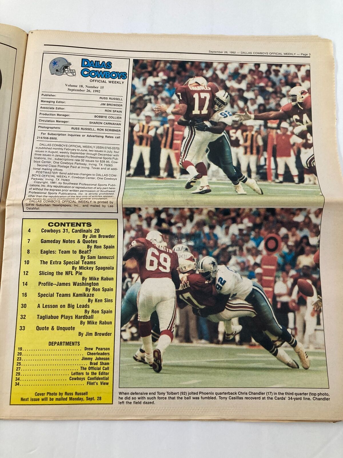 Inside page from the Dallas Cowboys Weekly Newspaper, September 26, 1992, showcasing game highlights and player statistics from the Cowboys vs. Cardinals match.