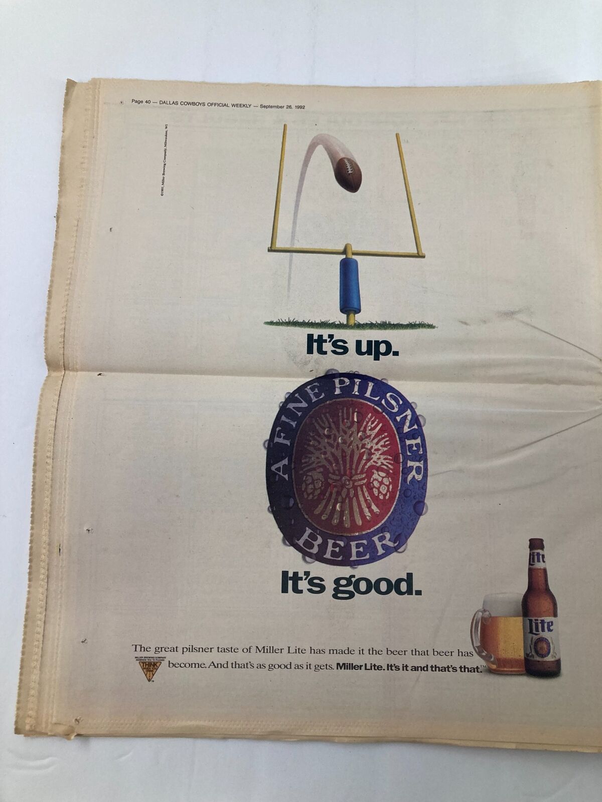 Advertisement page from the Dallas Cowboys Weekly Newspaper, September 26, 1992, promoting Miller Lite beer with a football theme.