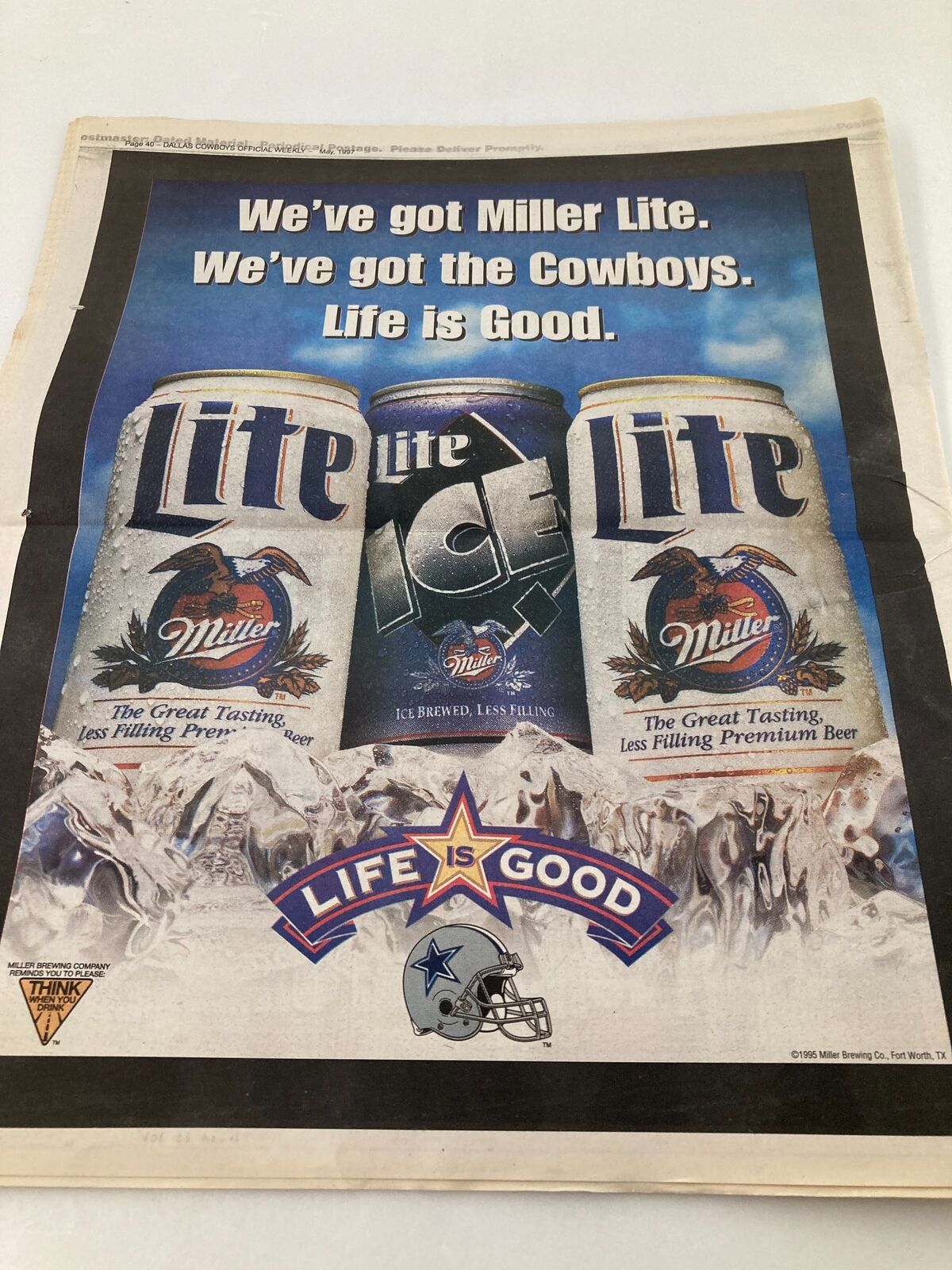 Advertisement for Miller Lite featuring Dallas Cowboys and the slogan 'Life is Good'. The design includes Miller Lite and Lite Ice beer cans with ice and the Cowboys logo, enhancing the Dallas Cowboys Weekly Newspaper May 1997 Vol 23 #4 David LaFleur.