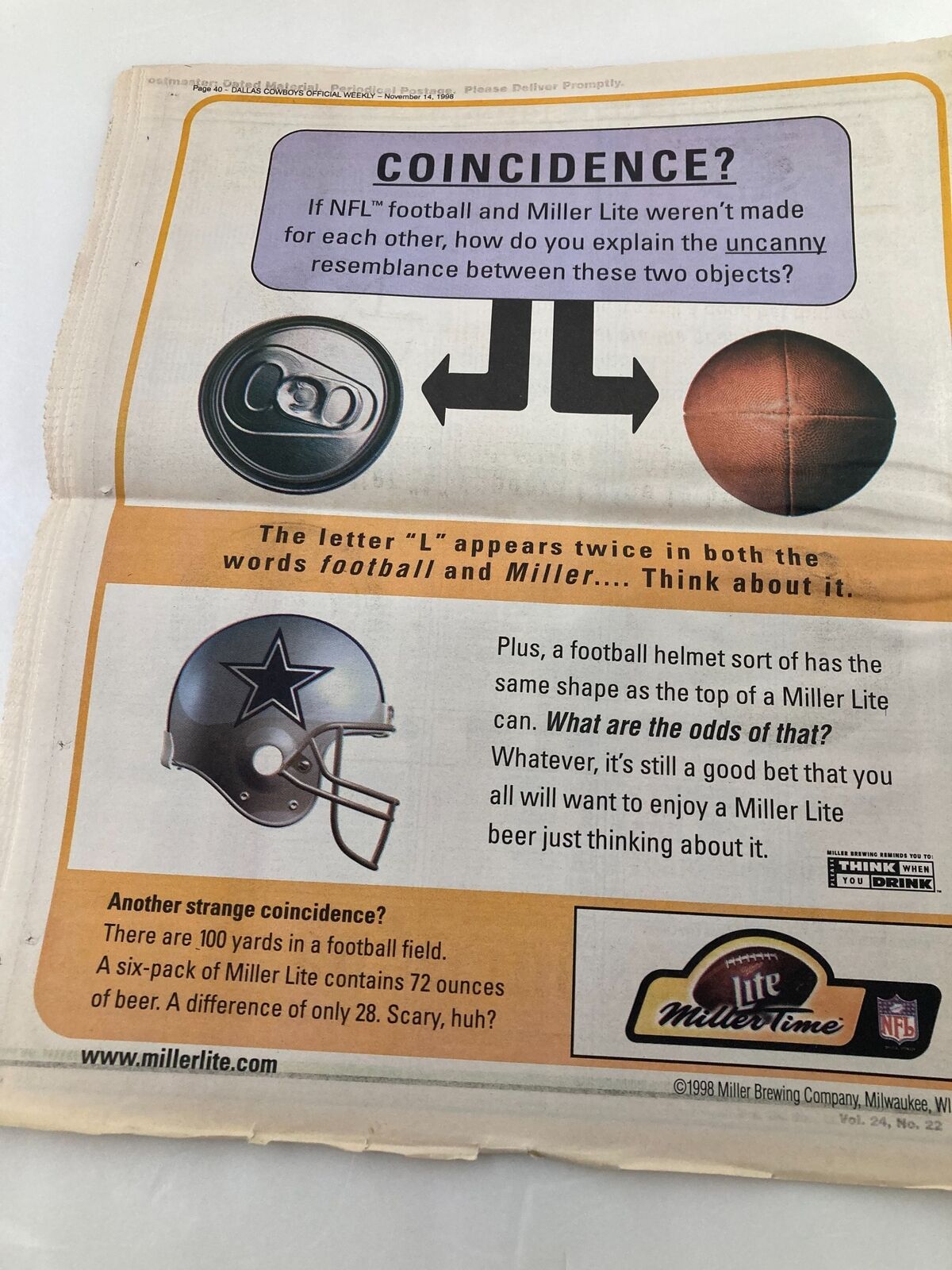 Miller Lite advertisement featuring a football helmet, promoting its pairing with NFL, from Dallas Cowboys Weekly Newspaper November 14 1998 Vol 24 #22.