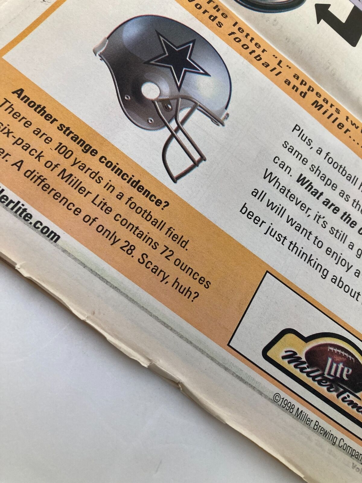 Close-up of Miller Lite advertisement highlighting coincidences with football, from Dallas Cowboys Weekly Newspaper November 14 1998 Vol 24 #22.
