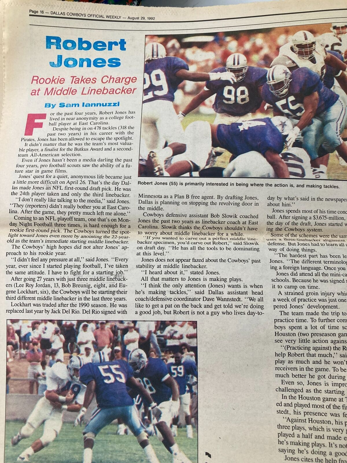 Page 16 of Dallas Cowboys Weekly Newspaper August 29 1992 Vol 18 #11 with a featured article on Robert Jones, a rookie linebacker taking charge.