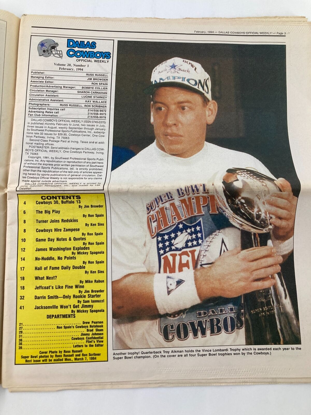 Dallas Cowboys Weekly Newspaper February 1994 Vol 20 #1 featuring Quarterback Troy Aikman holding the Vince Lombardi Trophy after the Super Bowl win.