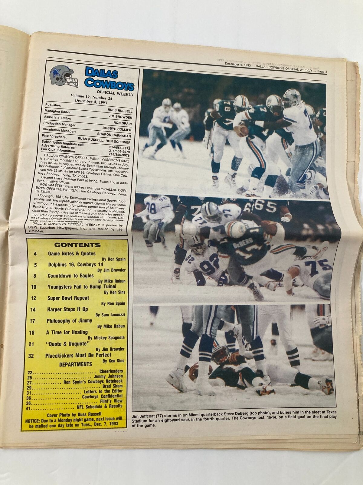 Dallas Cowboys Weekly Newspaper December 4 1993 Vol 19 #24 showing players from the Dallas Cowboys engaged in a play during snowy conditions.