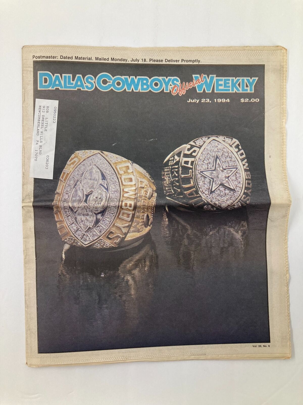 Dallas Cowboys Weekly Newspaper July 23 1994 Vol 20 #6 Jim Jeffcoat featuring Super Bowl championship rings on the cover.