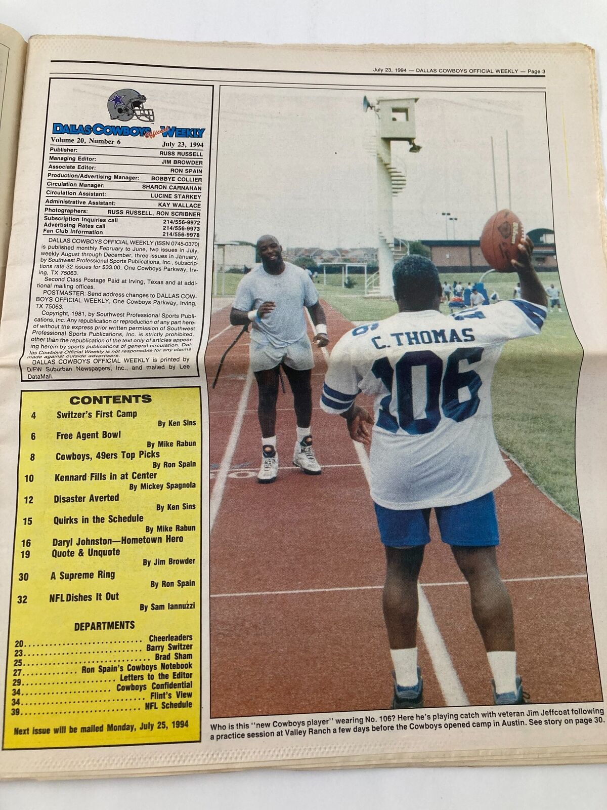Interior page of Dallas Cowboys Weekly Newspaper July 23 1994 Vol 20 #6 Jim Jeffcoat with player highlights and content list.