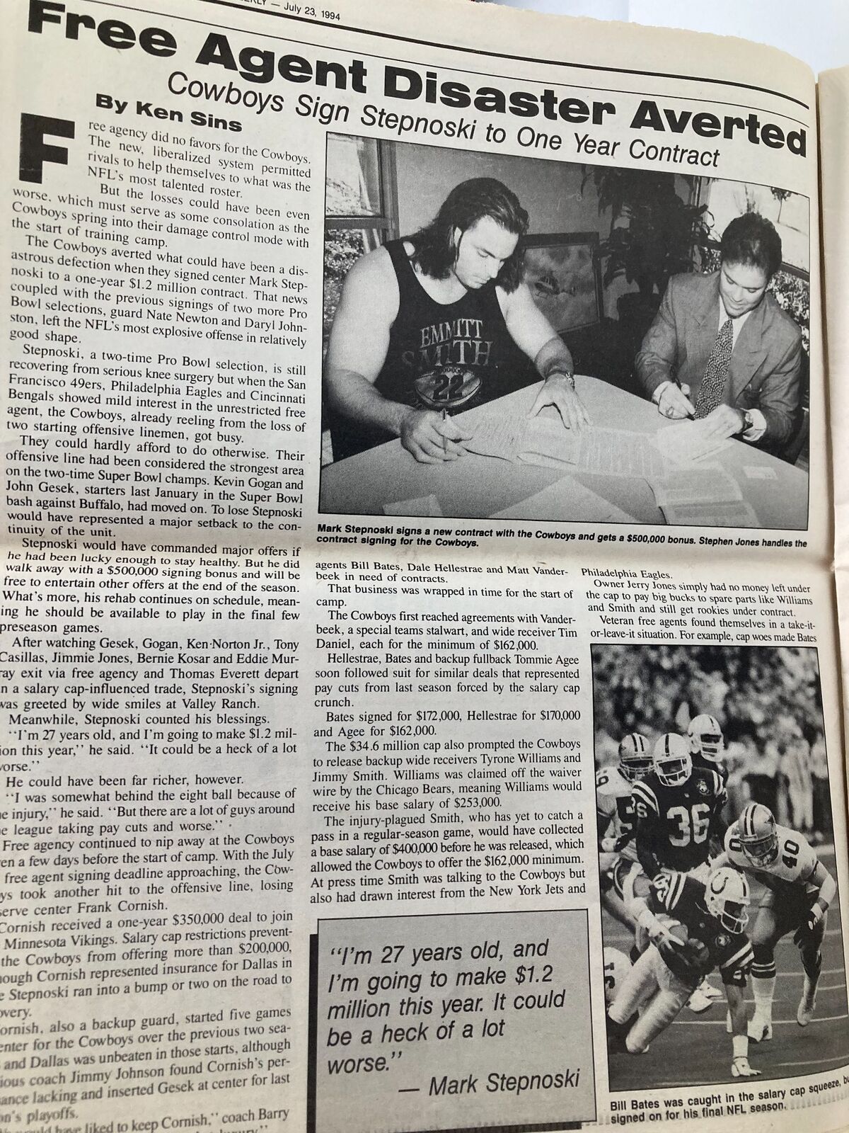 Dallas Cowboys Weekly Newspaper July 23 1994 Vol 20 #6 Jim Jeffcoat featuring Mark Stepnoski signing a contract with the Cowboys, highlighting player contract details.