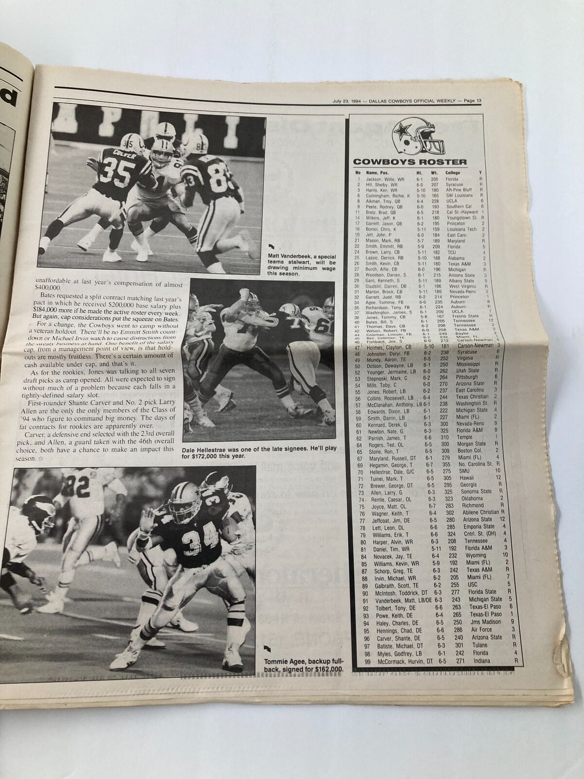 Dallas Cowboys Weekly Newspaper July 23 1994 Vol 20 #6 Jim Jeffcoat displaying the Cowboys' roster along with images of team players in action.