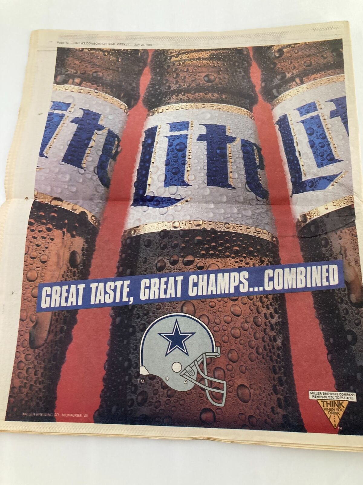 Dallas Cowboys Weekly Newspaper July 23 1994 Vol 20 #6 Jim Jeffcoat showing a vintage advertisement for Miller Lite featuring the Dallas Cowboys logo with the slogan 'Great Taste, Great Champs... Combined.'