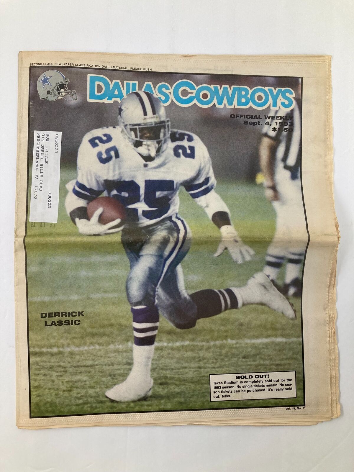 Dallas Cowboys Weekly Newspaper September 4 1993 Vol 19 #11 featuring Derrick Lassic on the cover, showing him in action wearing a Cowboys uniform.