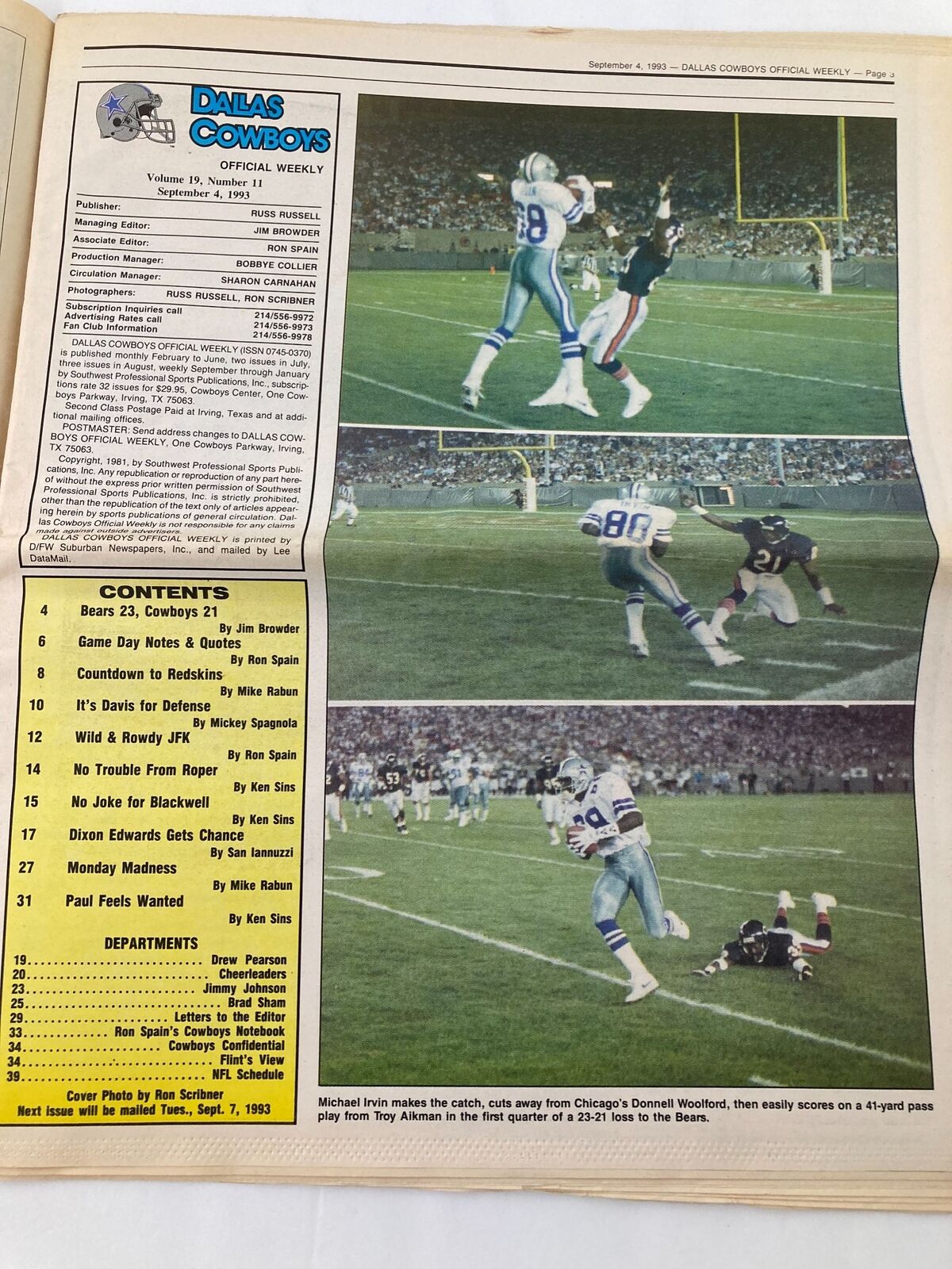 Dallas Cowboys Weekly Newspaper September 4 1993 Vol 19 #11 Derrick Lassic - Sports action photos featuring the Dallas Cowboys in a game against the Bears.