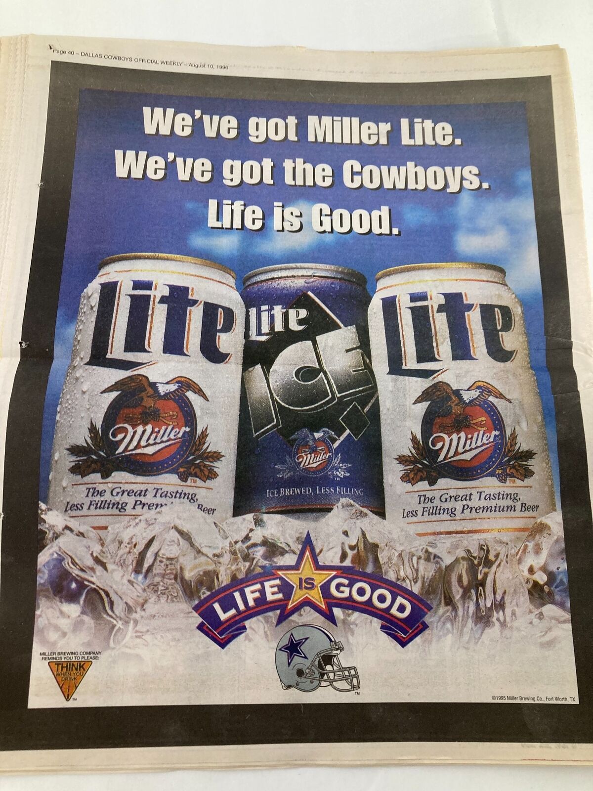 Advertisement in Dallas Cowboys Weekly Newspaper August 10 1996 Vol 22 #9 promoting Miller Lite beer with the slogan 'We've got the Cowboys. Life is Good'.