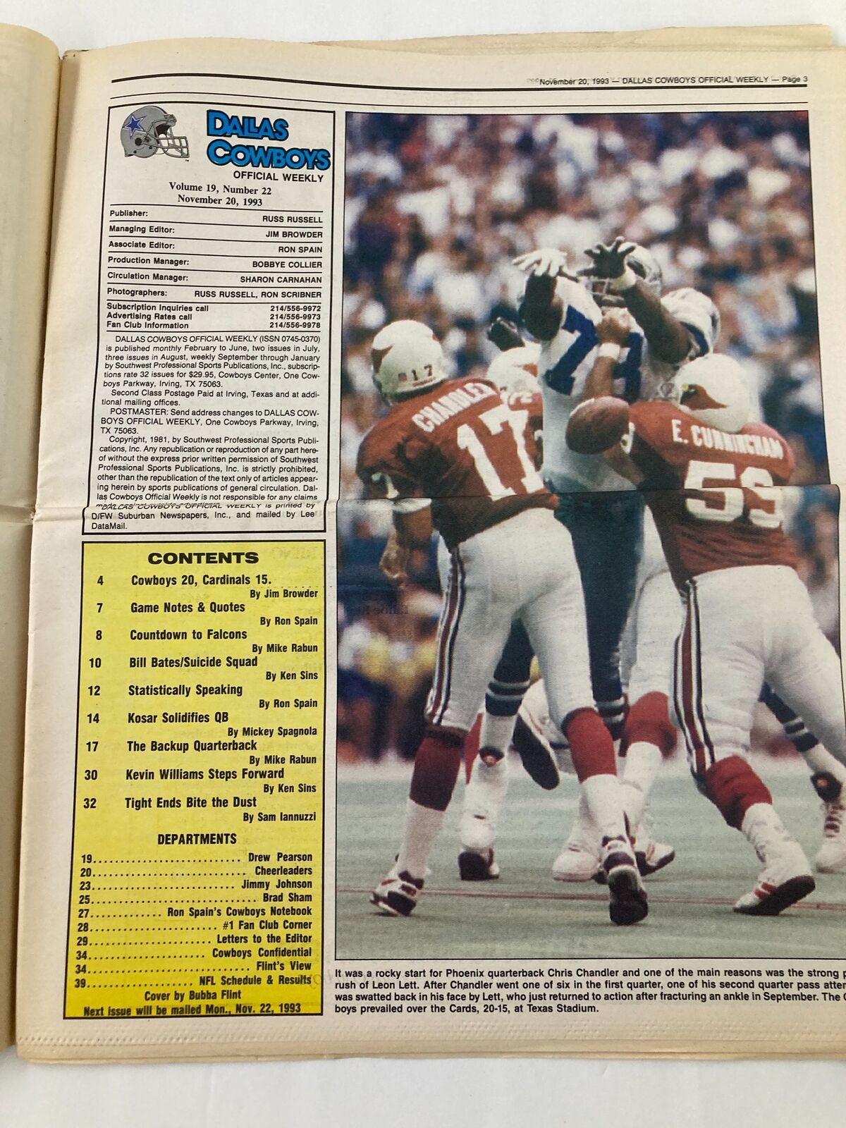 Dallas Cowboys Weekly Newspaper November 20 1993 Vol 19 #22 displaying the table of contents, including player statistics and game notes.