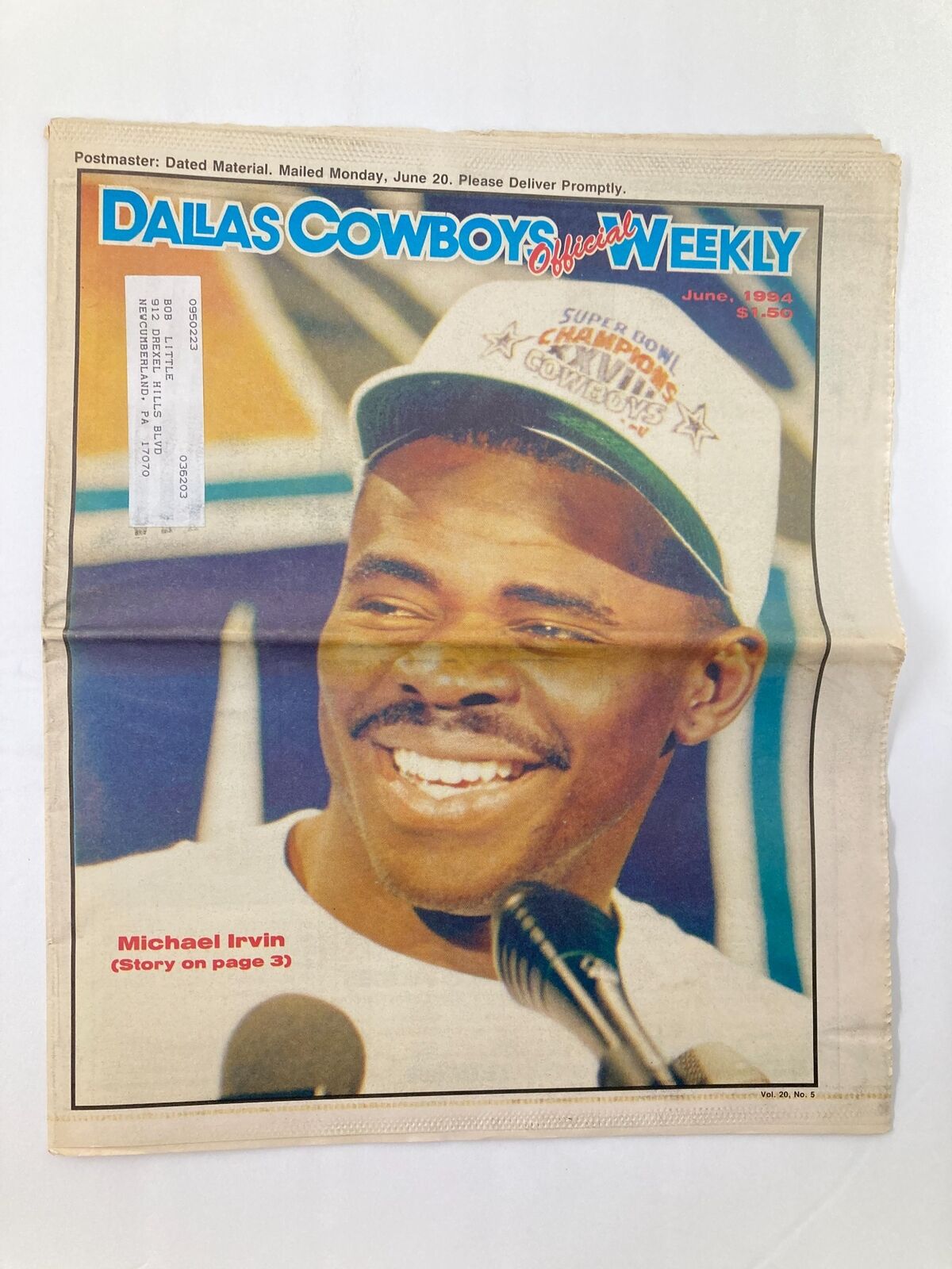 Cover of Dallas Cowboys Weekly Newspaper from June 1994, featuring Michael Irvin with a smile, labeled with 'Michael Irvin (Story on page 3)'. This vintage sports publication highlights Cowboys news.