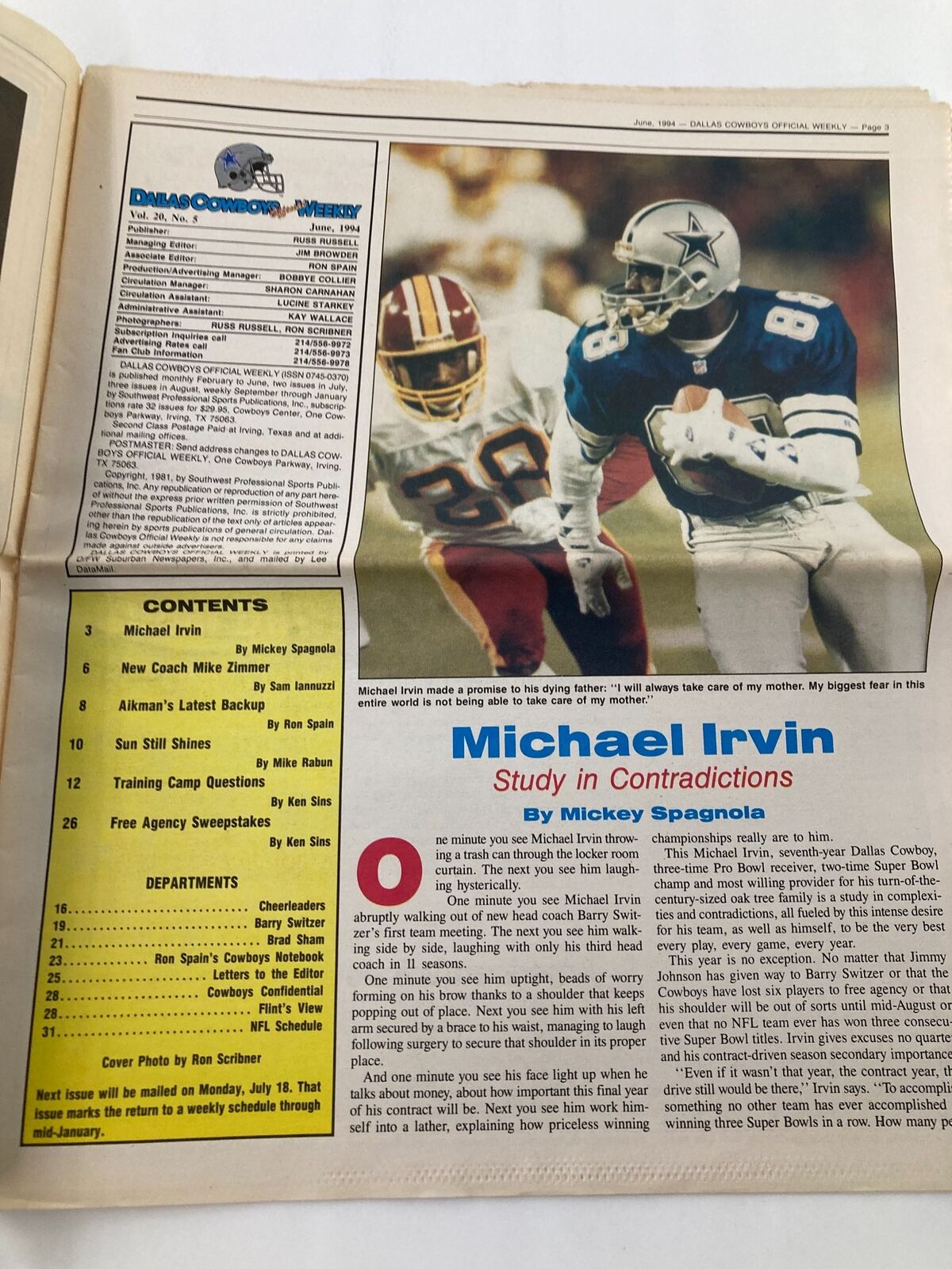 Inside page of Dallas Cowboys Weekly Newspaper June 1994, featuring Michael Irvin in action, with an article titled 'Michael Irvin Study in Contradictions' by Mickey Spagnola. The page discusses Irvin's performance.