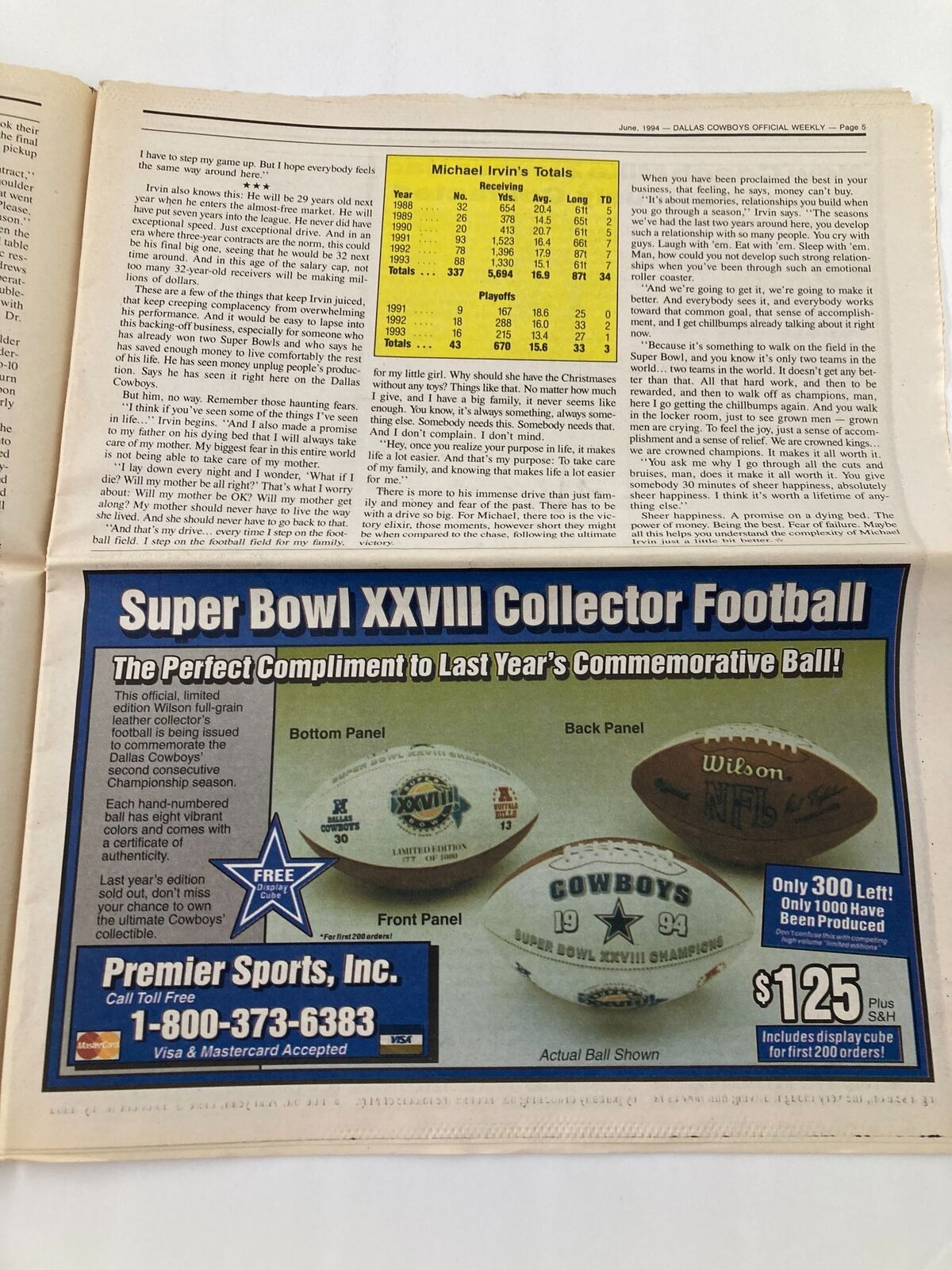 Another inside page from Dallas Cowboys Weekly Newspaper June 1994, showcasing statistics for Michael Irvin alongside an advertisement for Super Bowl XXVIII Collector Football. The paper reflects on the Dallas Cowboys' achievements.