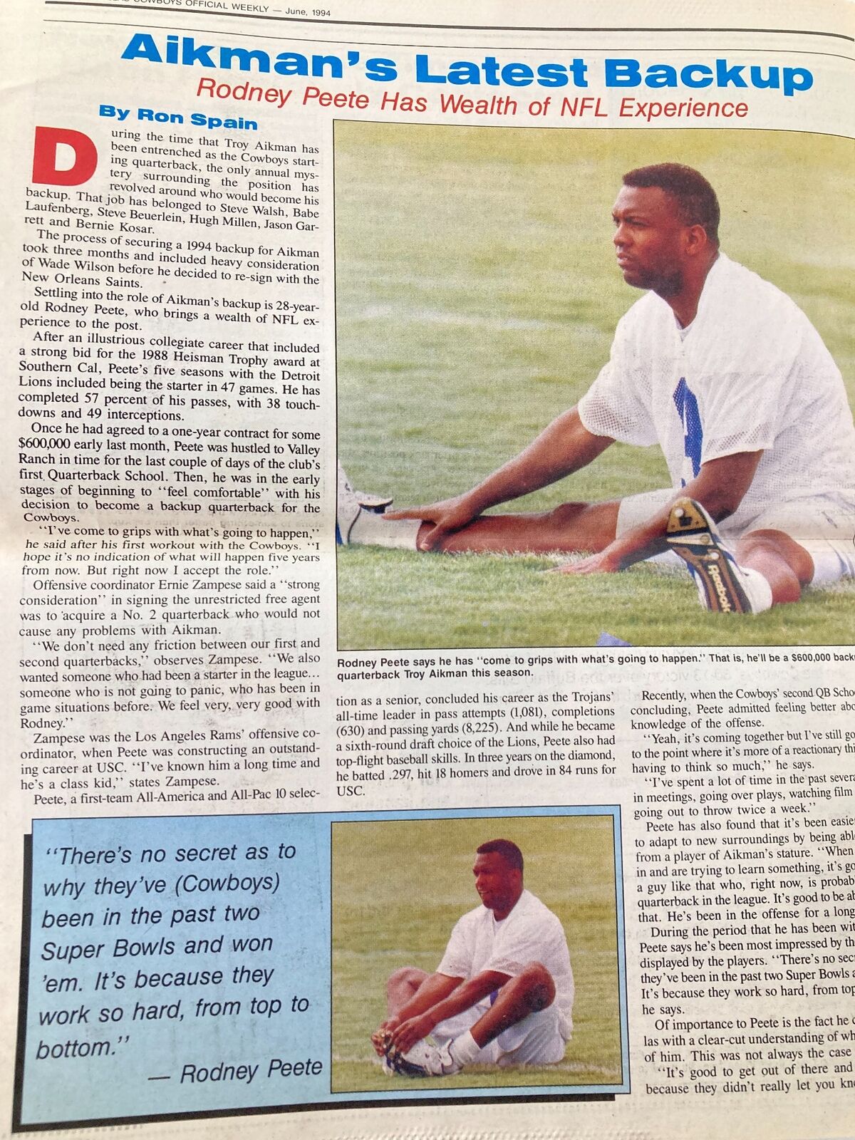 Aikman's Latest Backup article featuring Rodney Peete discussing NFL experience, from the Dallas Cowboys Weekly Newspaper June 1994 Vol 20 #5 Michael Irvin.