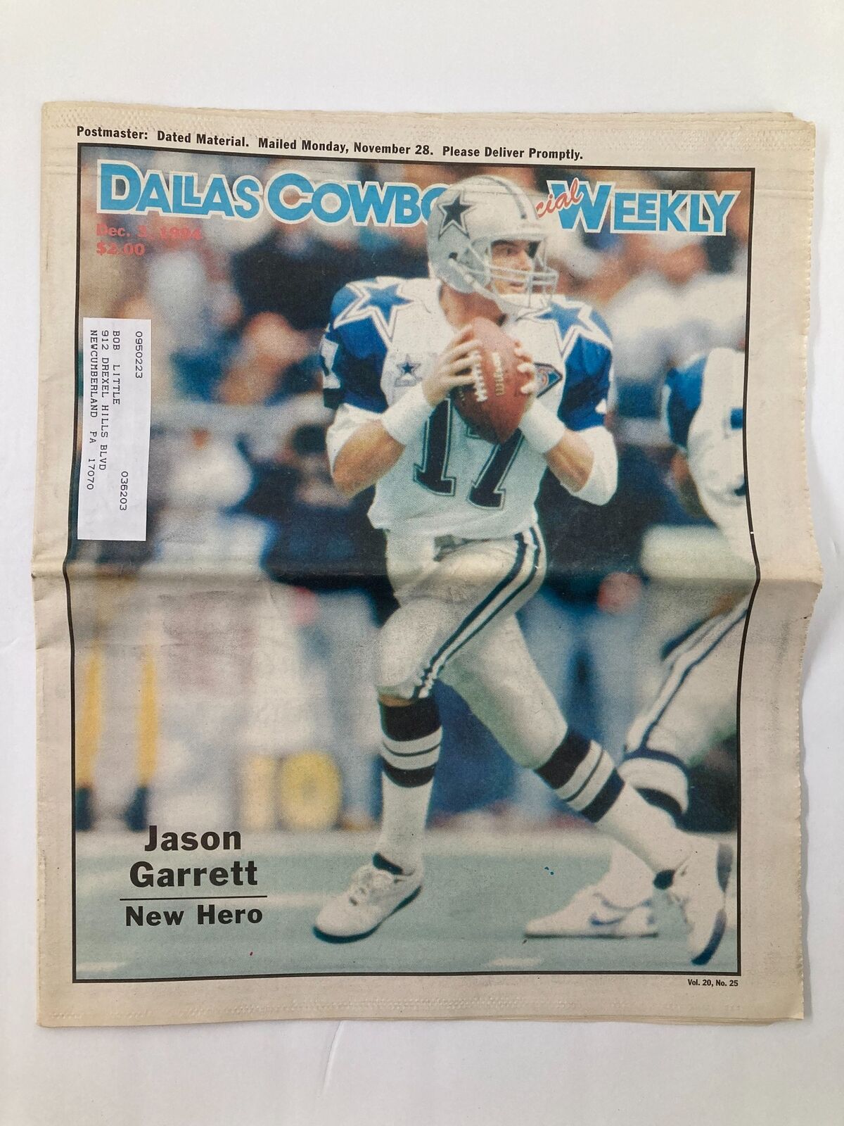Dallas Cowboys Weekly Newspaper December 3 1994 Vol 20 #25 featuring Jason Garrett, showcasing him passing the ball during a game.