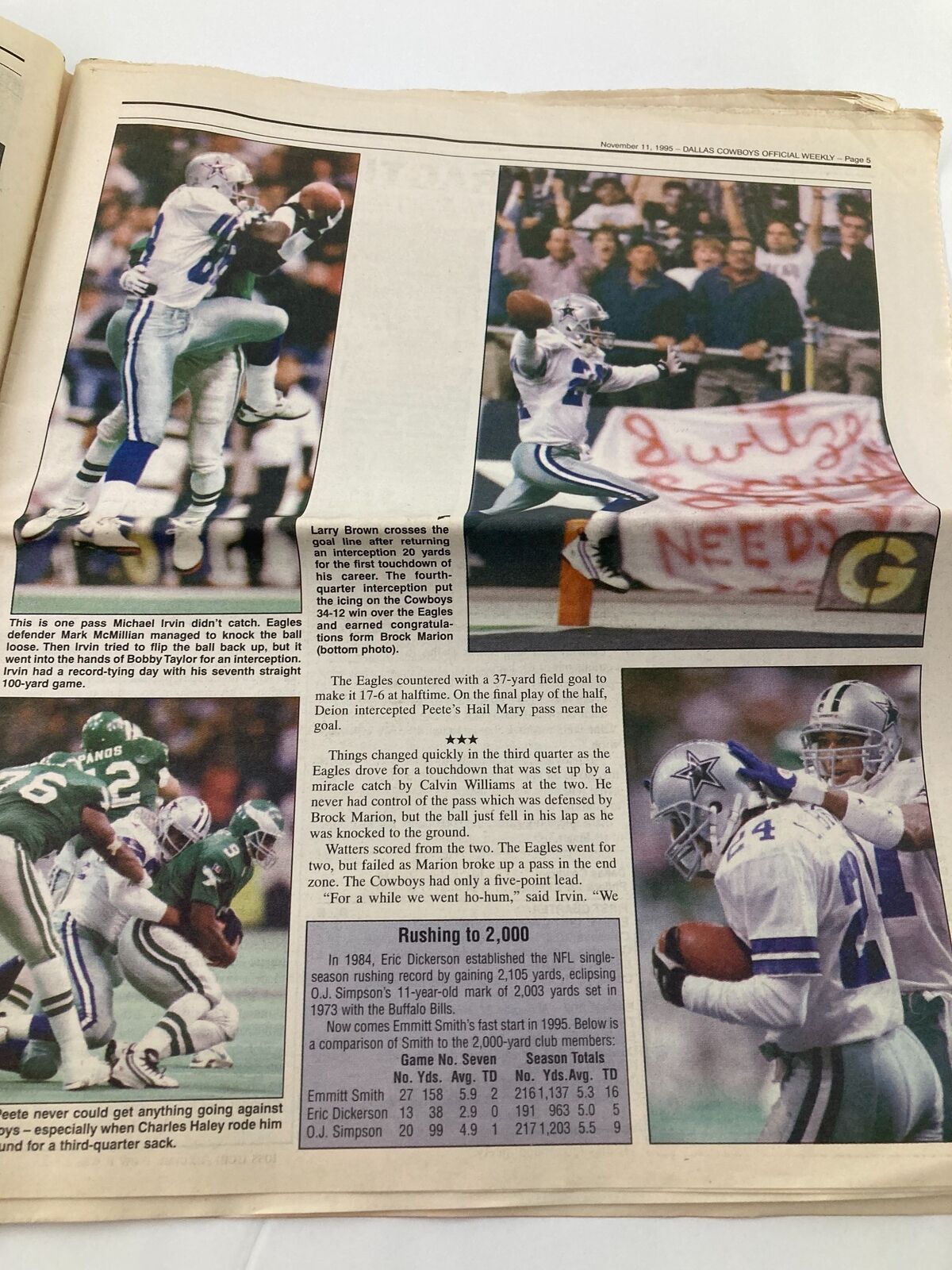 Action shots from the Dallas Cowboys Weekly Newspaper November 11, 1995, Vol 21 #22, featuring players Michael Irvin and Larry Brown in high-stakes game moments.