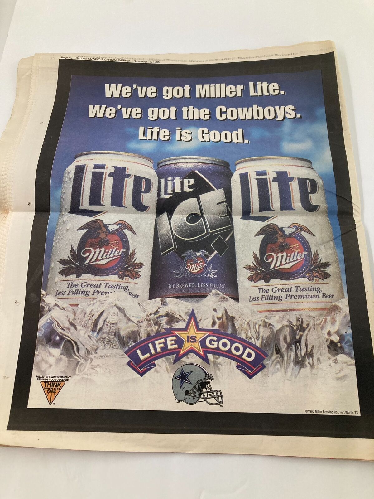 Advertisement page from the Dallas Cowboys Weekly Newspaper November 11, 1995, Vol 21 #22, featuring Miller Lite beer promotion with Dallas Cowboys branding.