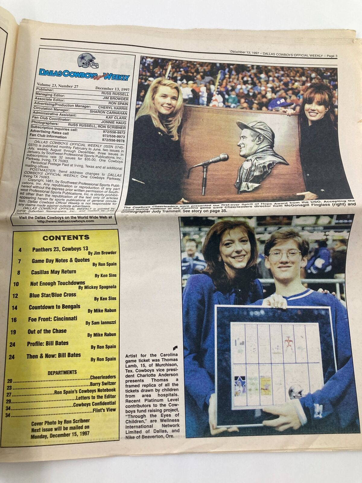 Inside page of the Dallas Cowboys Weekly Newspaper December 13 1997 Vol 23 #27 displaying articles and images, including a bust of a famous figure and fans.