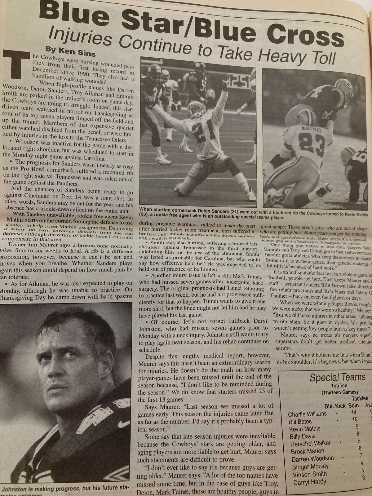 Article titled 'Blue Star/Blue Cross' from the Dallas Cowboys Weekly Newspaper December 13 1997 Vol 23 #27 discussing player injuries and their impacts.