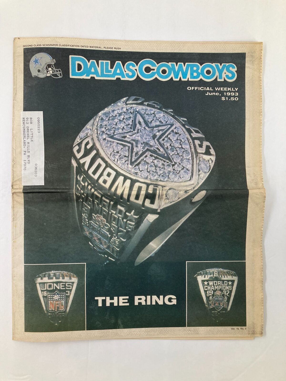 Dallas Cowboys Weekly Newspaper June 1993 Vol 19 #5 featuring an image of the championship ring with the Cowboys logo and a diamond-studded design on the cover.