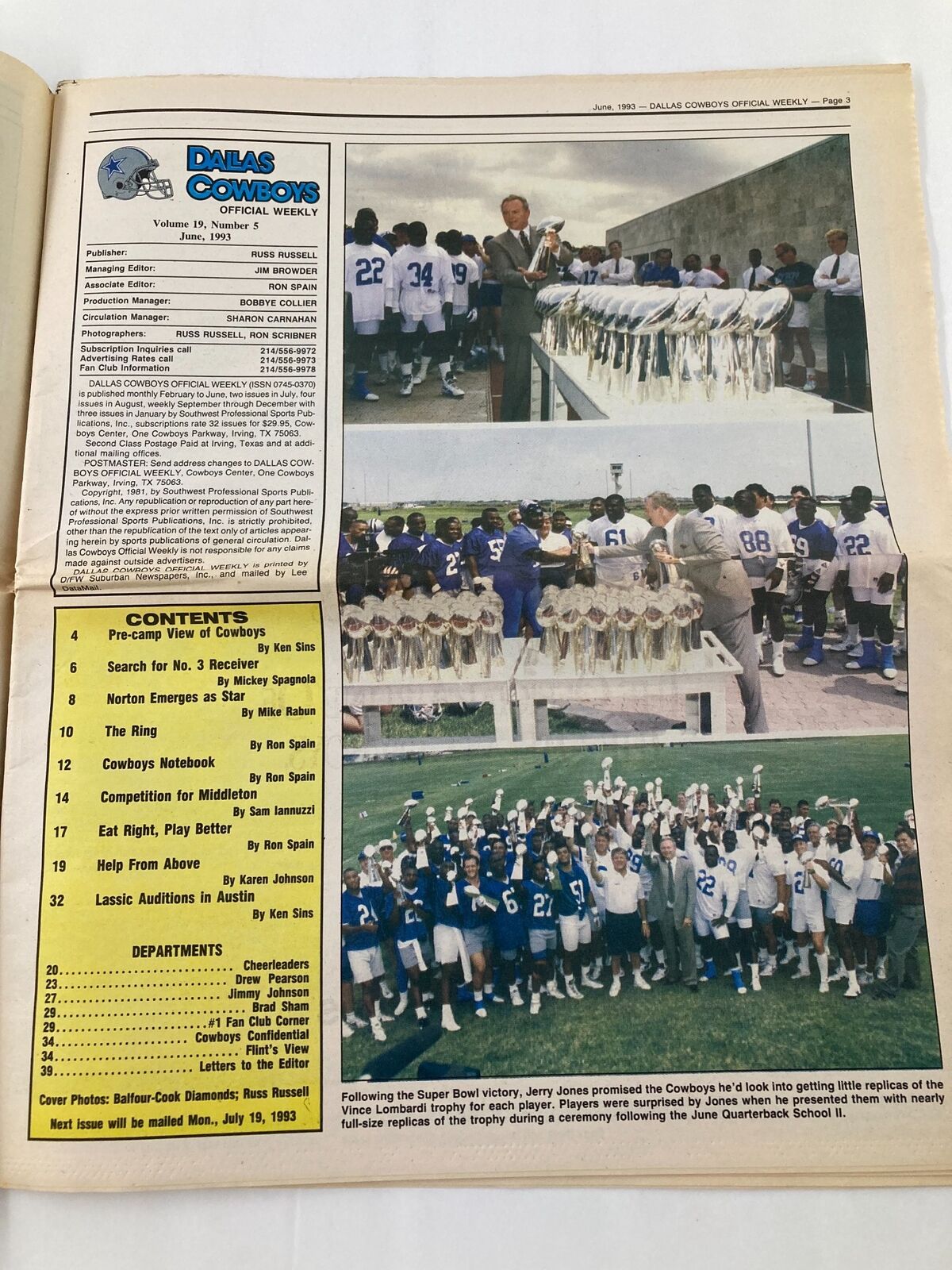 Dallas Cowboys Weekly Newspaper June 1993 Vol 19 #5 showing several team members with the championship trophy, highlighting the contents of the issue and celebrating the Super Bowl victory.