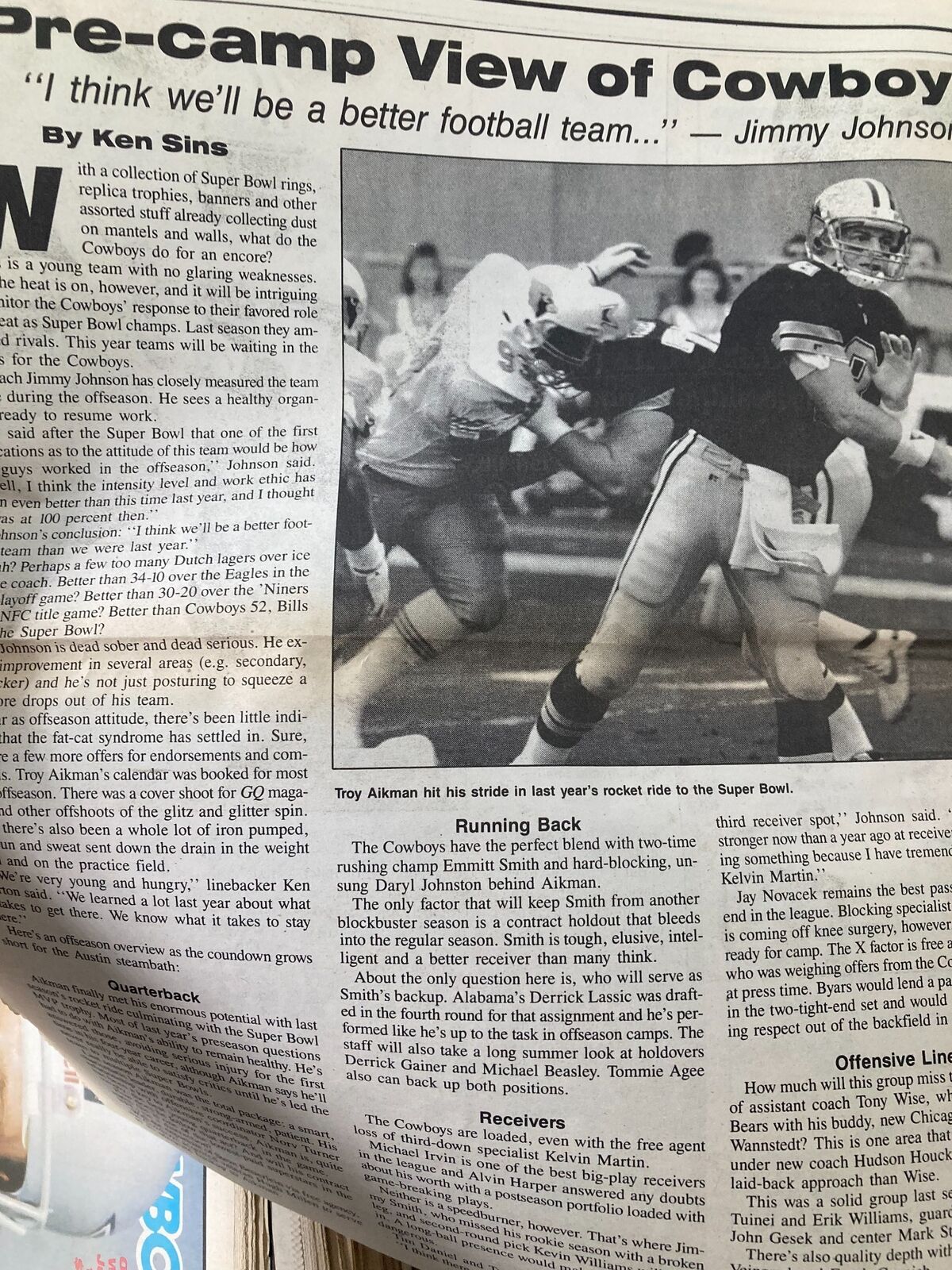 Image from Dallas Cowboys Weekly Newspaper June 1993 Vol 19 #5 The Ring World Championship featuring a player in action wearing a Cowboys jersey, highlighting the team's Super Bowl aspirations.