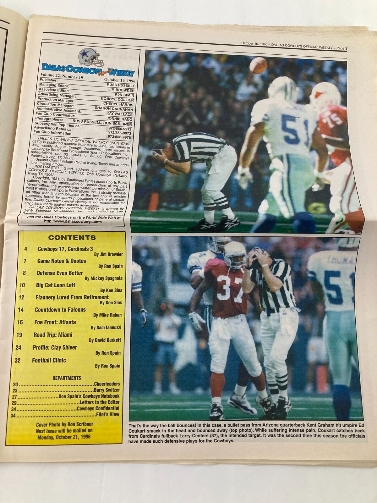 Inside page of the Dallas Cowboys Weekly Newspaper, dated October 19, 1996, displaying the contents and match details, including Cowboys vs. Cardinals score and analysis. Vol 22 #19.
