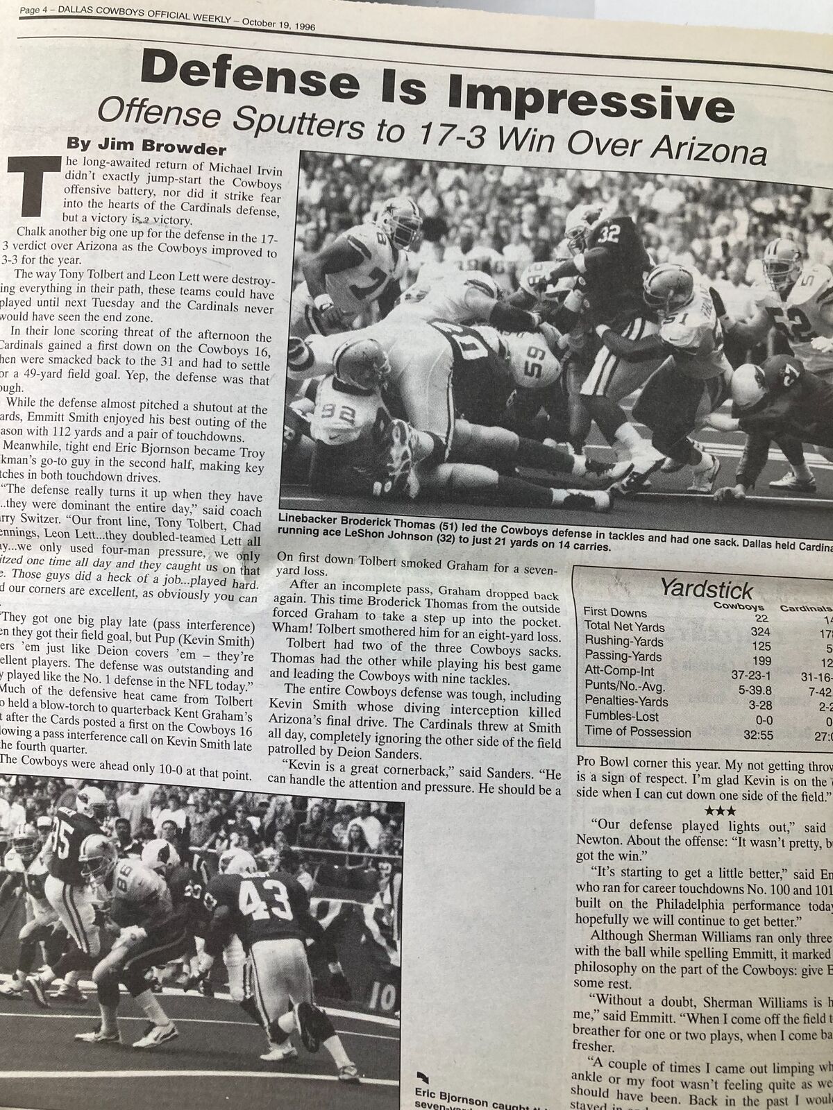 An article titled 'Defense Is Impressive' in the Dallas Cowboys Weekly Newspaper, detailing the Cowboys’ defensive performance against the Arizona Cardinals on October 19, 1996. Vol 22 #19.