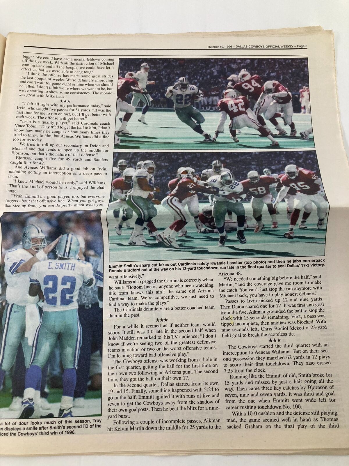 Another inside page from the Dallas Cowboys Weekly Newspaper dated October 19, 1996, featuring E. Smith and the Cowboys defense in action against the Cardinals, highlighting significant plays. Vol 22 #19.