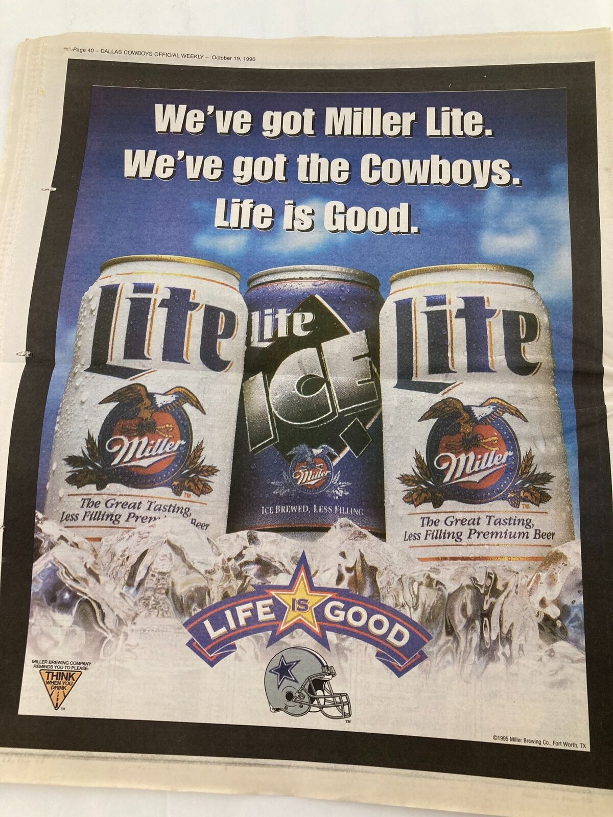 Image from Dallas Cowboys Weekly Newspaper October 19 1996 Vol 22 #19 featuring an advertisement for Miller Lite beer with a Cowboys theme. The message reads: 'We've got Miller Lite. We've got the Cowboys. Life is Good.'