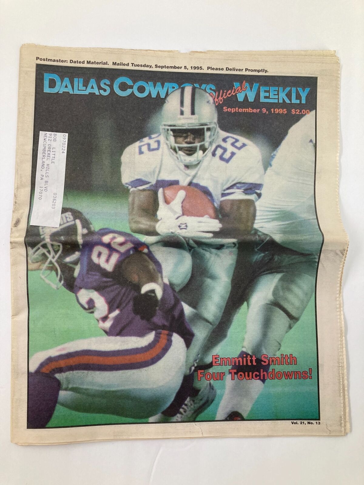 Dallas Cowboys Weekly Newspaper September 9 1995 Vol 21 #13 Emmitt Smith, featuring Emmitt Smith scoring a touchdown in a football game.
