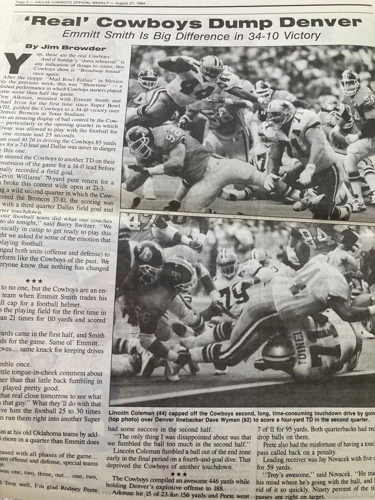 Article titled 'Real Cowboys Dump Denver' from the Dallas Cowboys Weekly Newspaper August 27 1994 Vol 20 #11. The image features action shots of the Cowboys during the game, showcasing Emmitt Smith and the team.