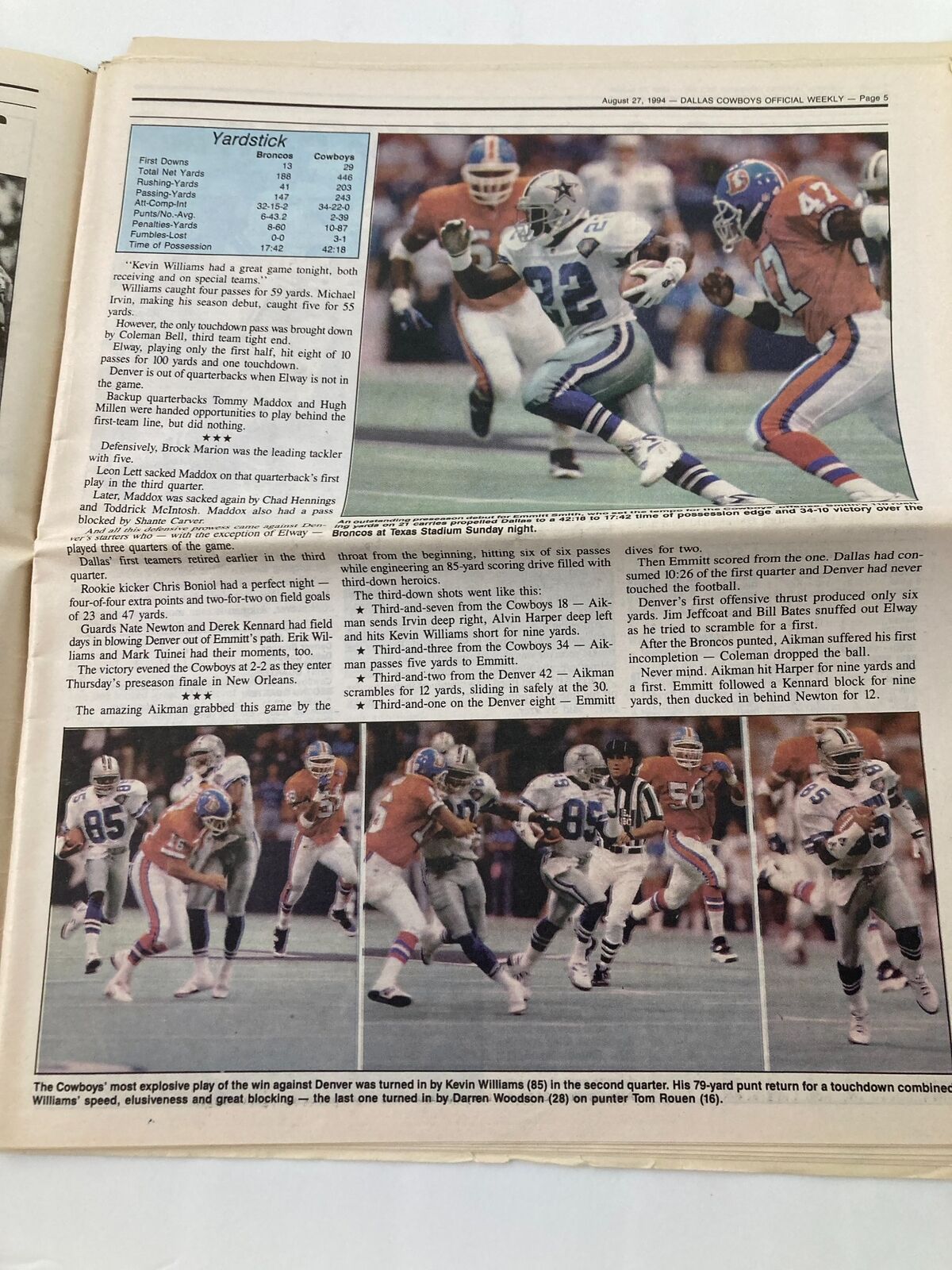 Game statistics and highlights from the Dallas Cowboys Weekly Newspaper August 27 1994 Vol 20 #11. The page displays yardstick comparisons and key player performances in the match against the Denver Broncos.